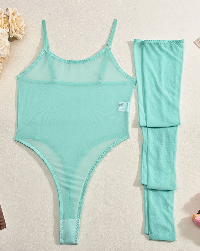 Light blue sheer bodysuit and matching thigh-high stockings set, flat lay