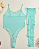 Light blue sheer bodysuit and matching thigh-high stockings set, flat lay