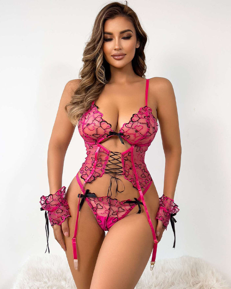 Rose red heart-embroidered sheer corset set with garters, bows, and lace-up front