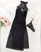 Black sheer mesh lace-up nightgown with halter cutout front, flat lay
