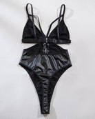 Black PU bodysuit with adjustable bra straps, lace-up center panel, high-cut legs