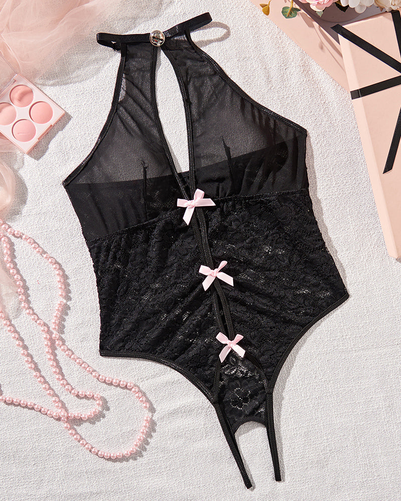 Black mesh and lace crotchless bodysuit with halter tie, pink ribbon bows, keyhole