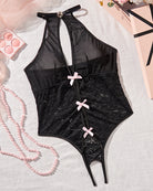 Black mesh and lace crotchless bodysuit with halter tie, pink ribbon bows, keyhole