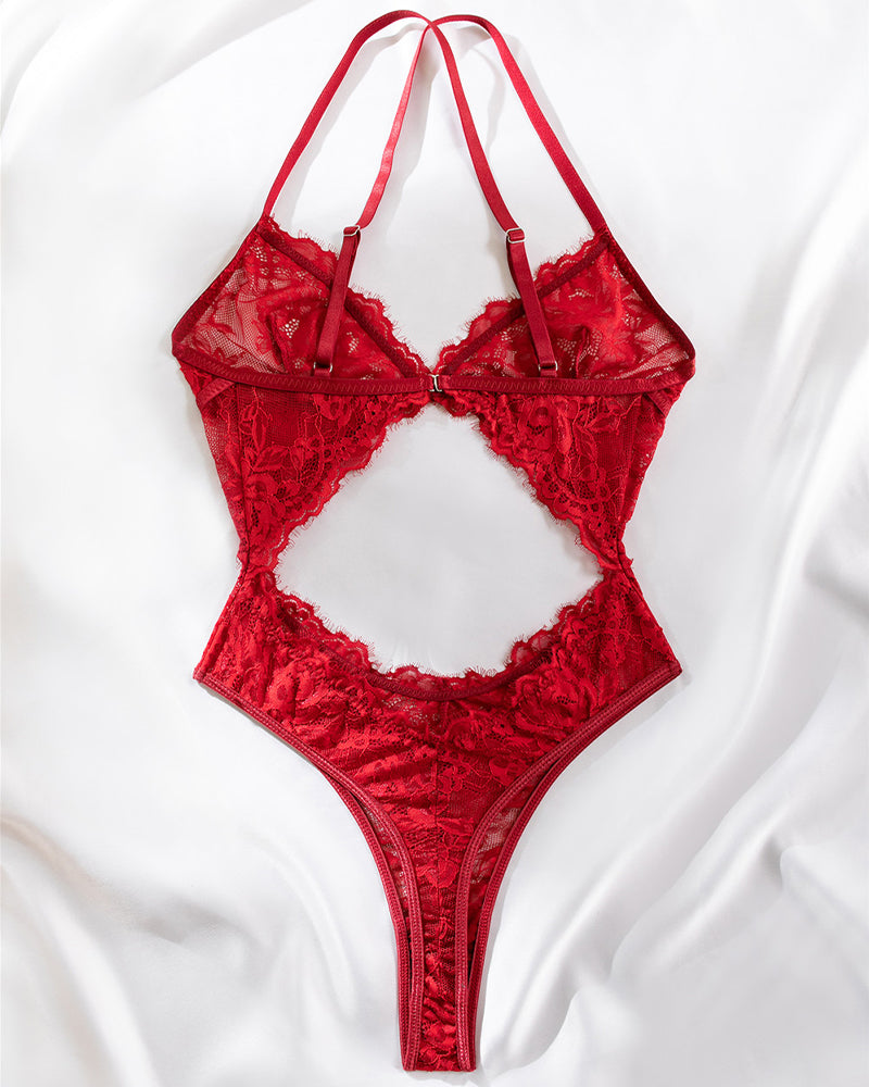 Red lace backless bodysuit with crisscross shoulder straps and high-cut bottom