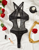 Black criss-cross fishnet teddy bodysuit with open central back and thong cut