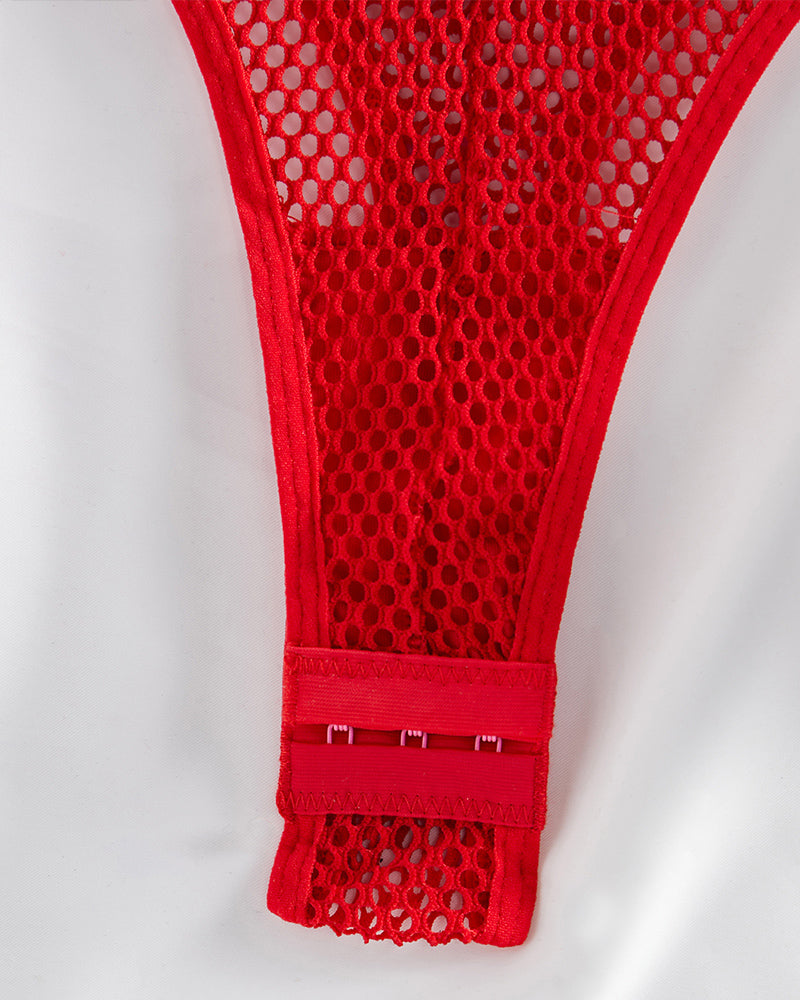 Red fishnet teddy garter strap with clasp and elastic band
