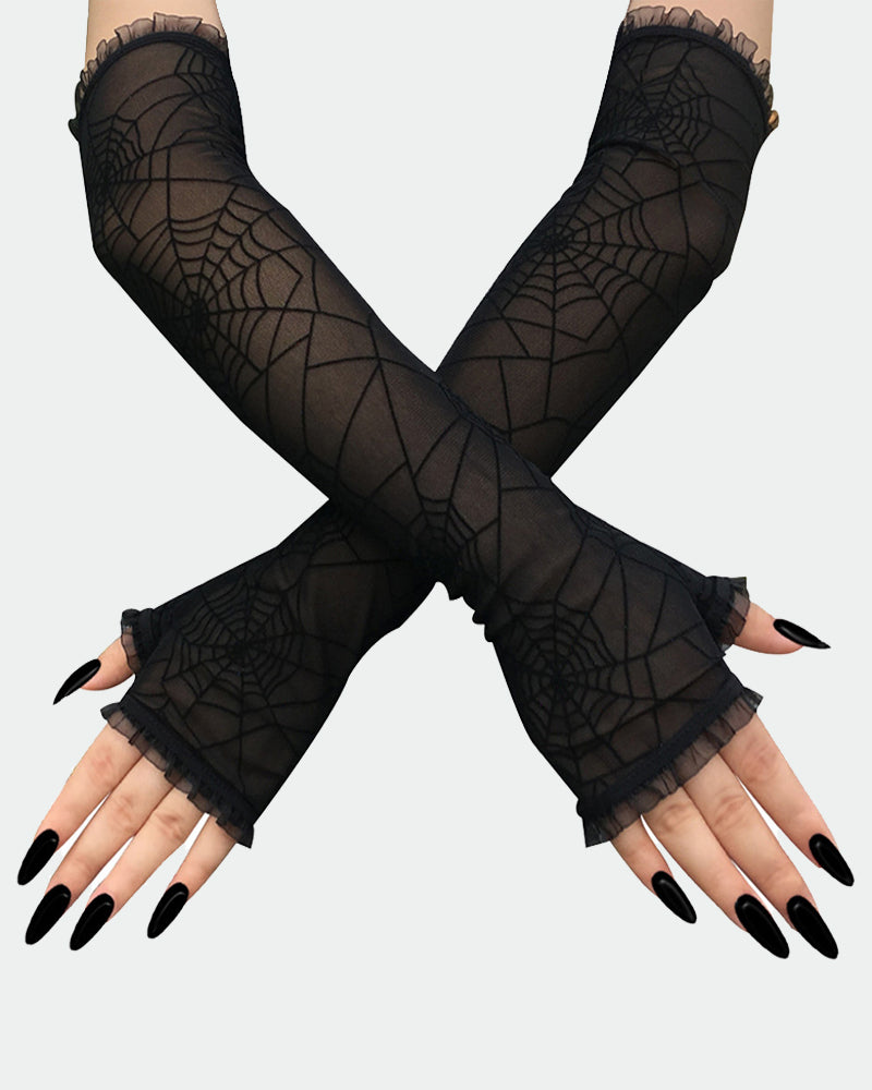 Black long spider web lace gloves, sheer sleeves with ruffled cuffs and pointed tips