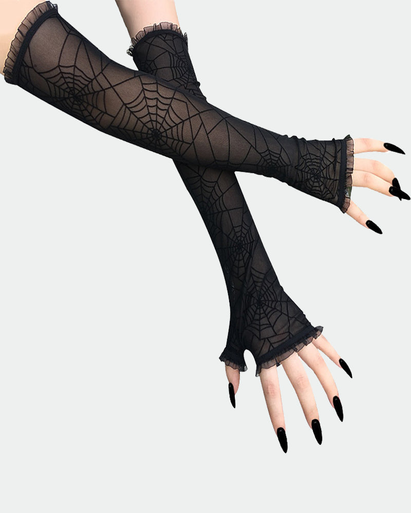 Black long spider web lace gloves with ruffled cuffs, sheer fingerless sleeves