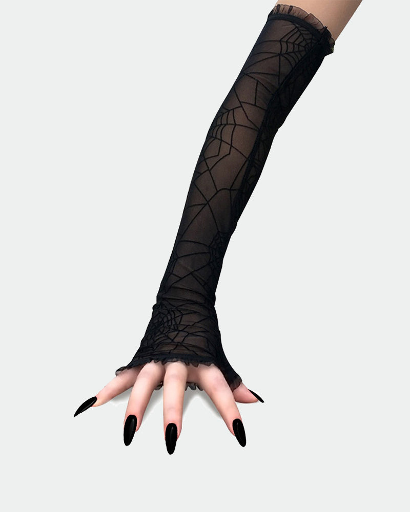 Black sheer long spider web lace gloves with ruffled cuff and five pointed fingertips