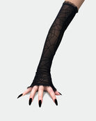 Black sheer long spider web lace gloves with ruffled cuff and five pointed fingertips