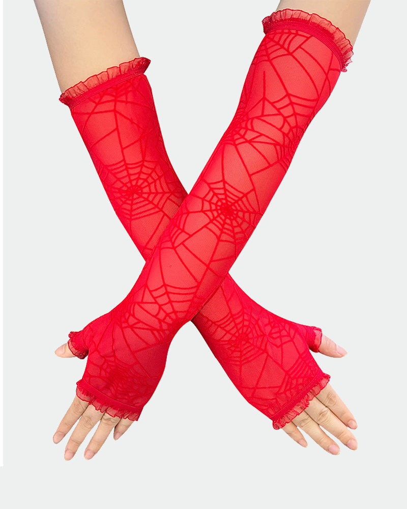 Red long spider web lace gloves with ruffled cuffs, sheer fingerless sleeves