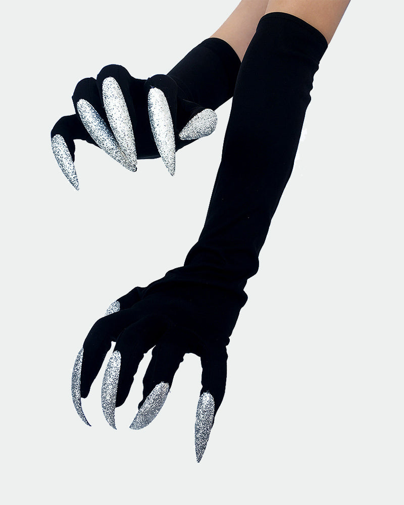 Long nail gloves with black sleeves and silver glitter demon paw claws.