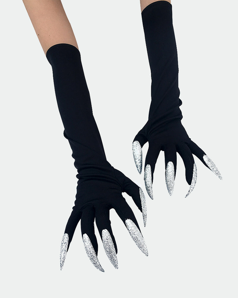 Long nail gloves, black with silver glitter pointed claws on the hands.