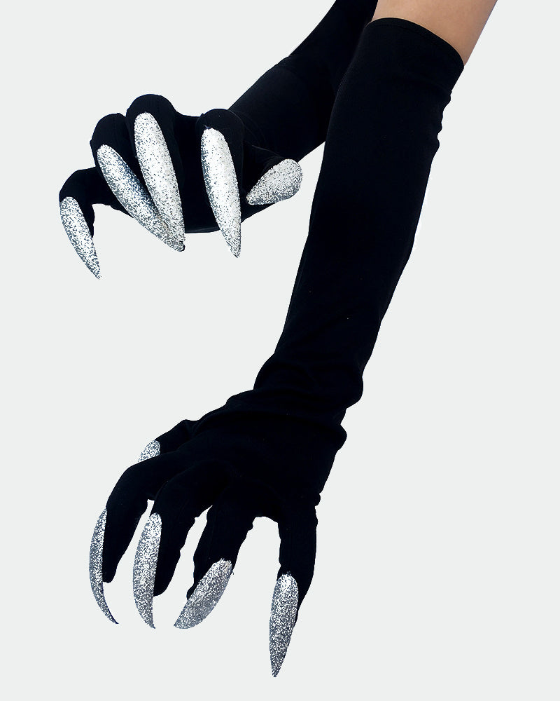 Long nail gloves with black sleeves and silver glitter clawed fingers.