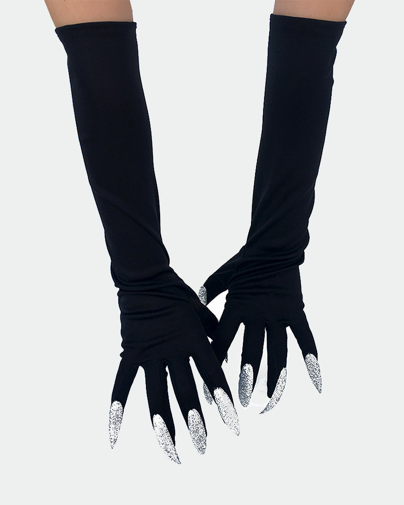 Long nail gloves with black sleeves and silver glitter claw tips on the hands.