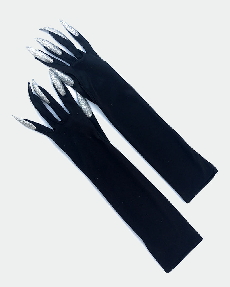 Long nail gloves, black with silver glitter clawed fingers, laid flat.