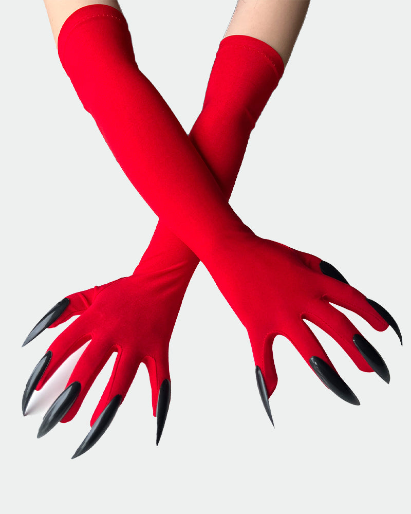 Long nail gloves with red sleeves and black pointed clawed fingers.