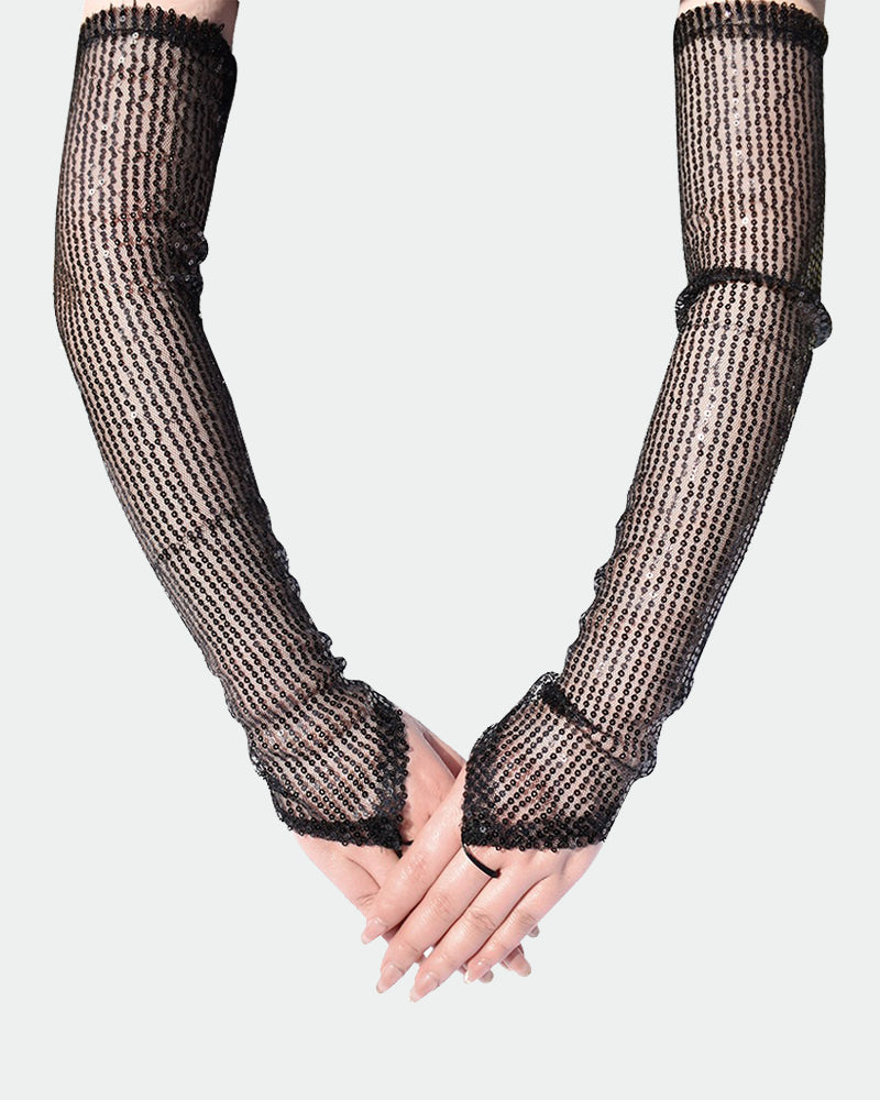 Black sequin fingerless gloves with allover glitter sequins and crisscross wrist band