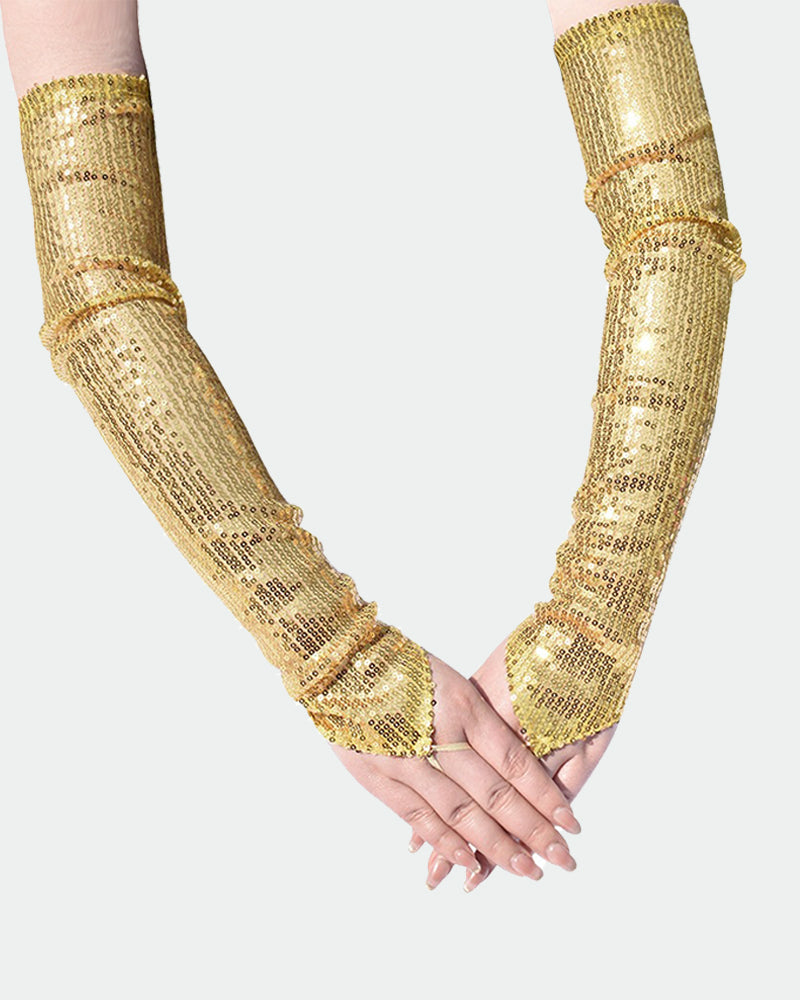 Gold sequin fingerless gloves with allover shimmer sequins and banded wrist cuffs