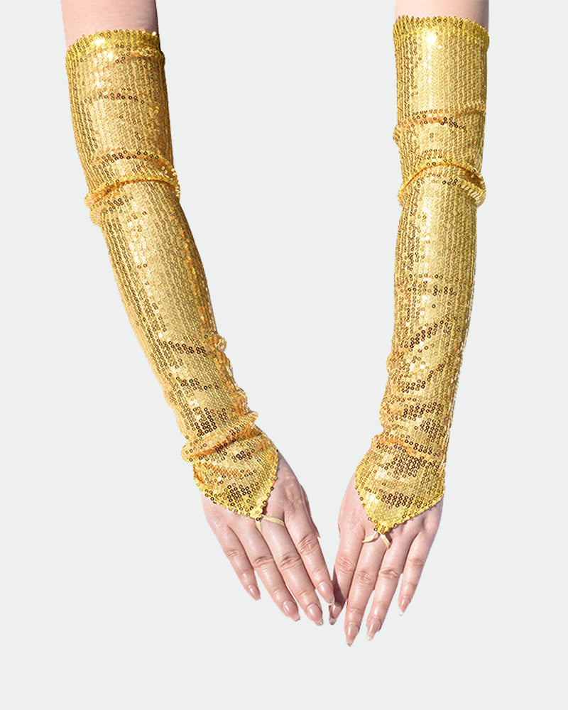 Bright gold sequin fingerless gloves with allover shimmer and stacked wrist bands