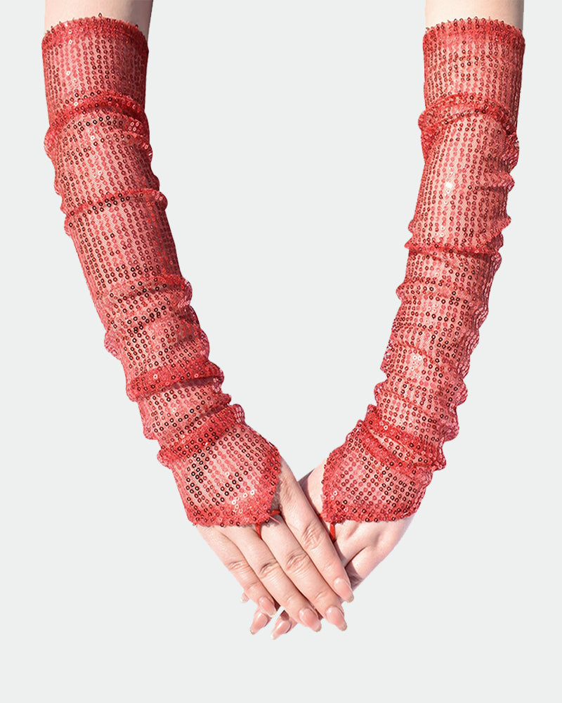 Red sequin fingerless gloves with allover glitter and banded wrist cuffs