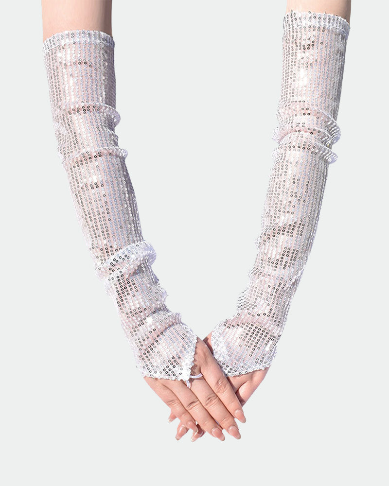 White sequin fingerless gloves with allover shimmer sequins and layered wrist bands