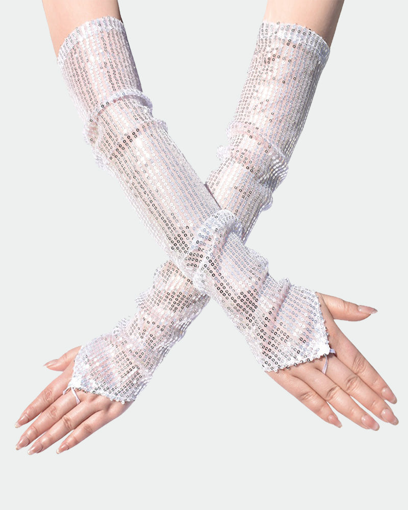 White sequin fingerless gloves with allover glitter sequins and rolled wrist cuffs