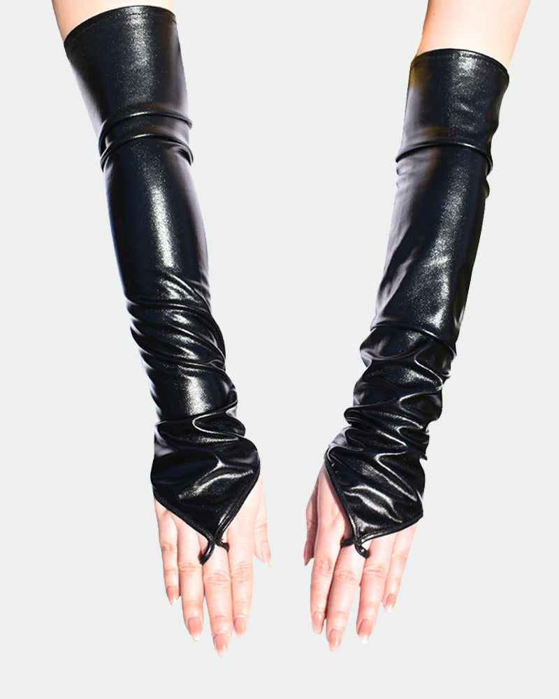 Black PU leather fingerless gloves with long sleeves and ruched wrist cuffs