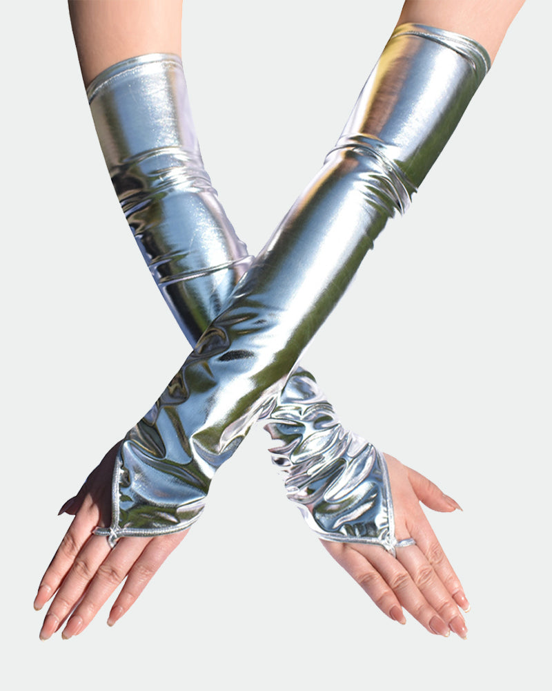 Silver PU leather fingerless gloves with long arm warmers, ruched wrist and open fingers