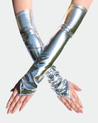 Silver PU leather fingerless gloves with long arm warmers, ruched wrist and open fingers