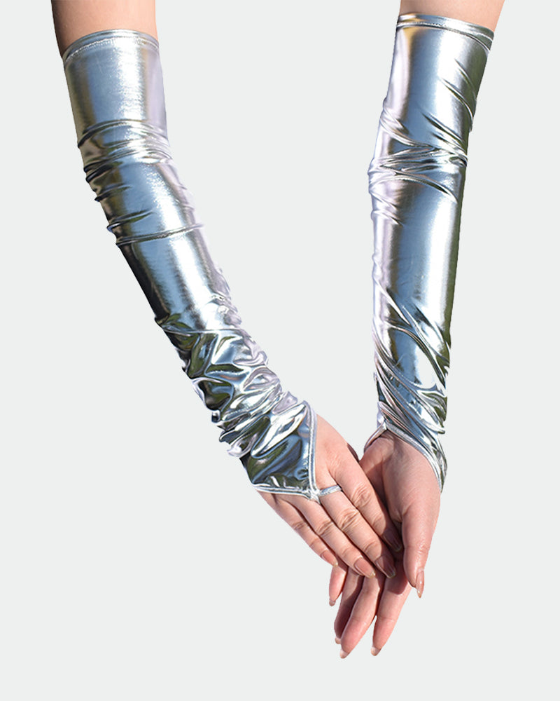 Silver PU leather fingerless gloves, long sleeves with ruched cuffs and exposed fingertips