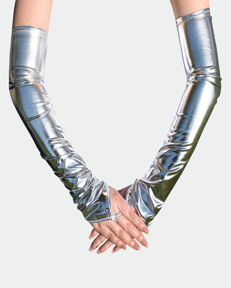 Silver PU leather fingerless gloves with long arm warmers and gathered wrist detail