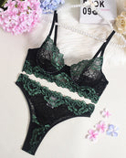 Color-trim lace underwire bra and panty set, black with dark green lace trim