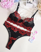 Color-trim lace underwire bra and panty set, black with red lace trim
