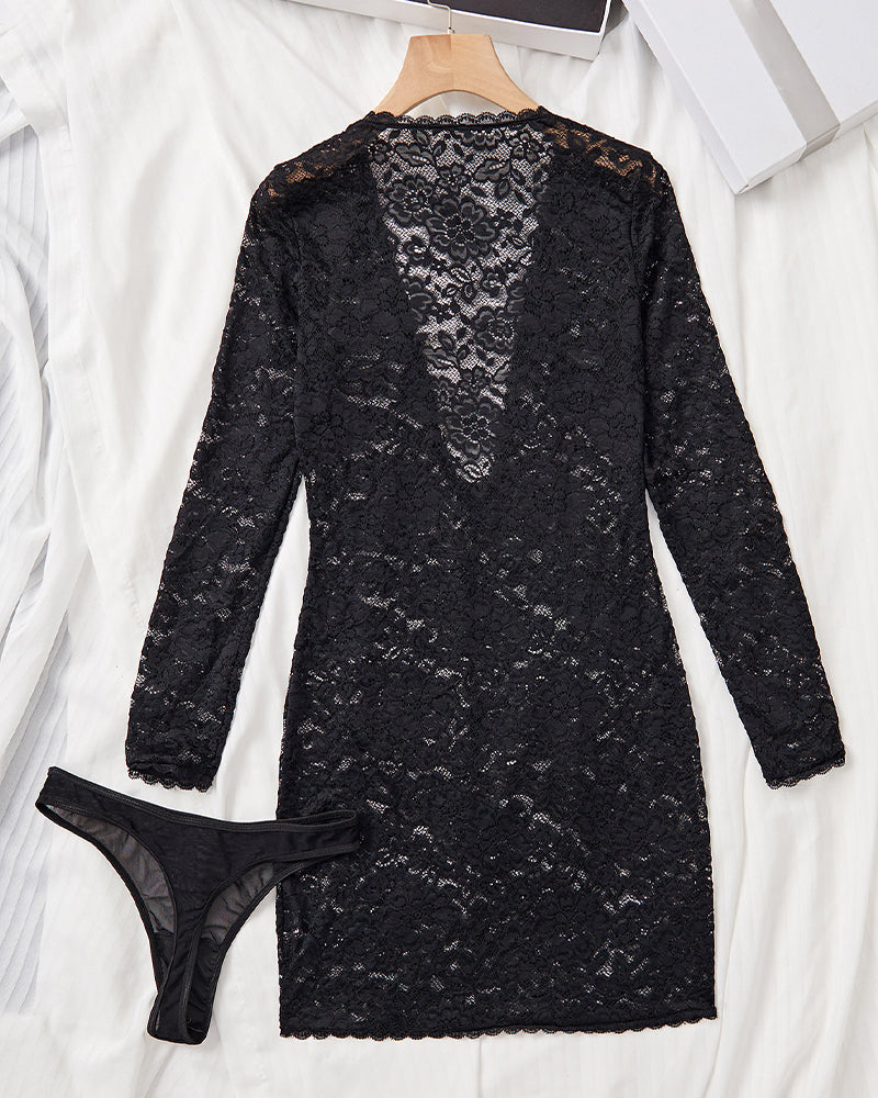 Black lace nightdress with long sleeves and backless deep V design