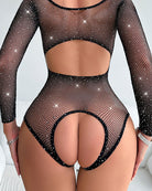 Black fishnet bodysuit with long sleeves, wide back cutout and oval straps