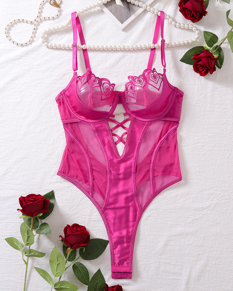 Rose red push-up bodysuit with heart lace cups and central crisscross cutout
