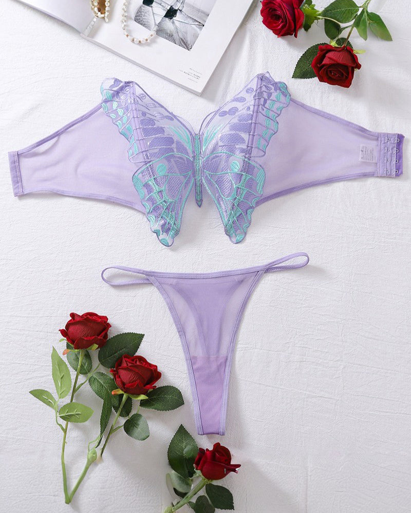 Butterfly applique bra and thong lingerie set, light purple on flat lay