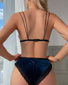 Blue velvet open-back bralette with lace-trim panty and adjustable shoulder straps