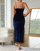Blue velvet slip dress with lace hem and spaghetti straps