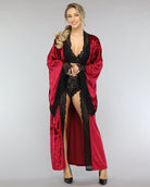 Wine red velvet belted robe with black lace trim and scalloped lace front