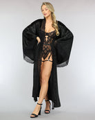 Black velvet belted robe with lace trim, tied waist and sheer lace panels