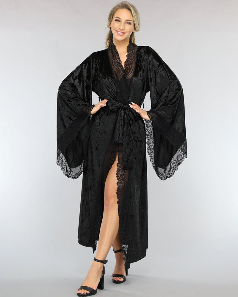 Black velvet belted robe with lace trim, V-neck and wide sleeves