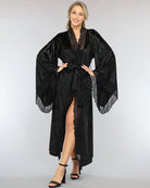 Black velvet belted robe with lace trim, V-neck and wide sleeves