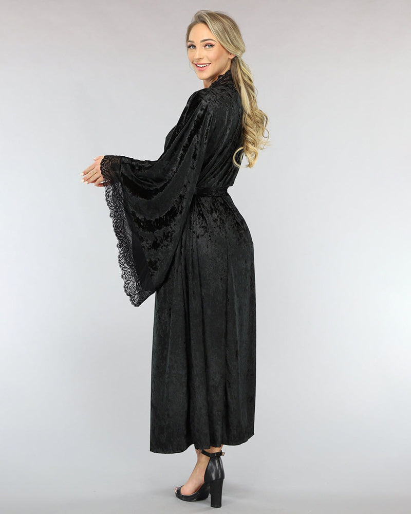 Black velvet belted robe with lace trim, side view with flared sleeves