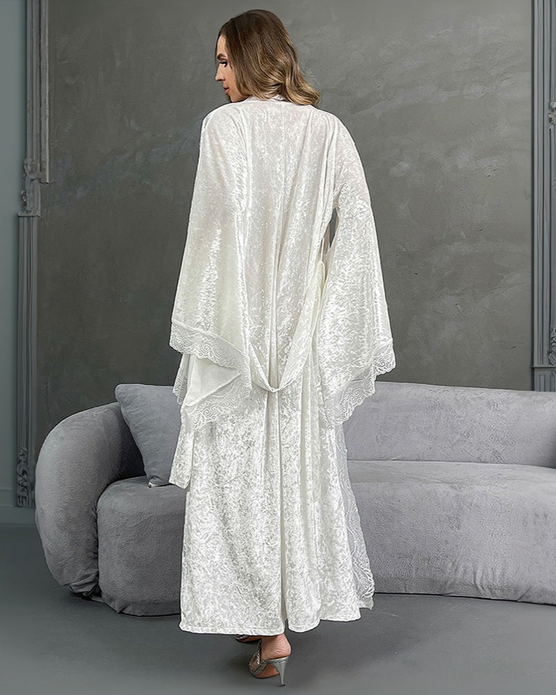White velvet belted robe with lace trim, back view with tied waist