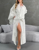 White velvet belted robe with lace trim, side slit and flowing sleeves