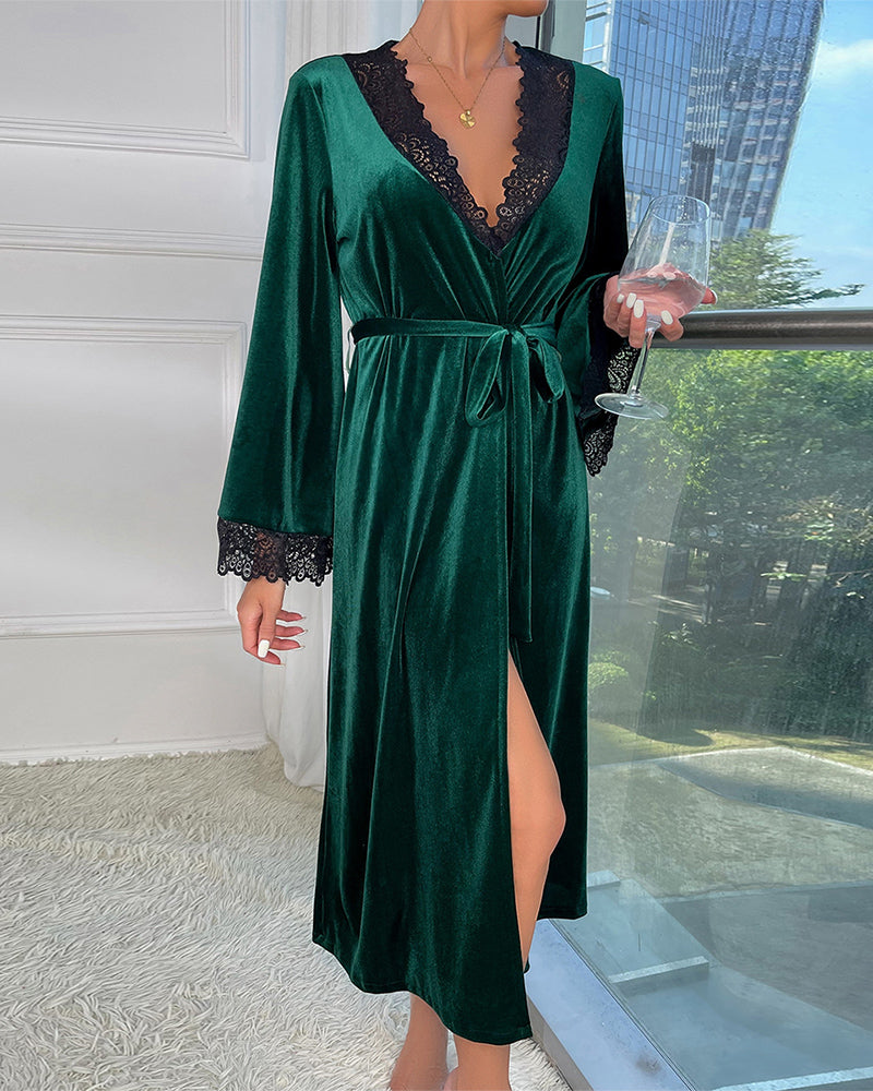 Green velvet belted mid-robe with lace trim V-neck, lace cuffs, front slit