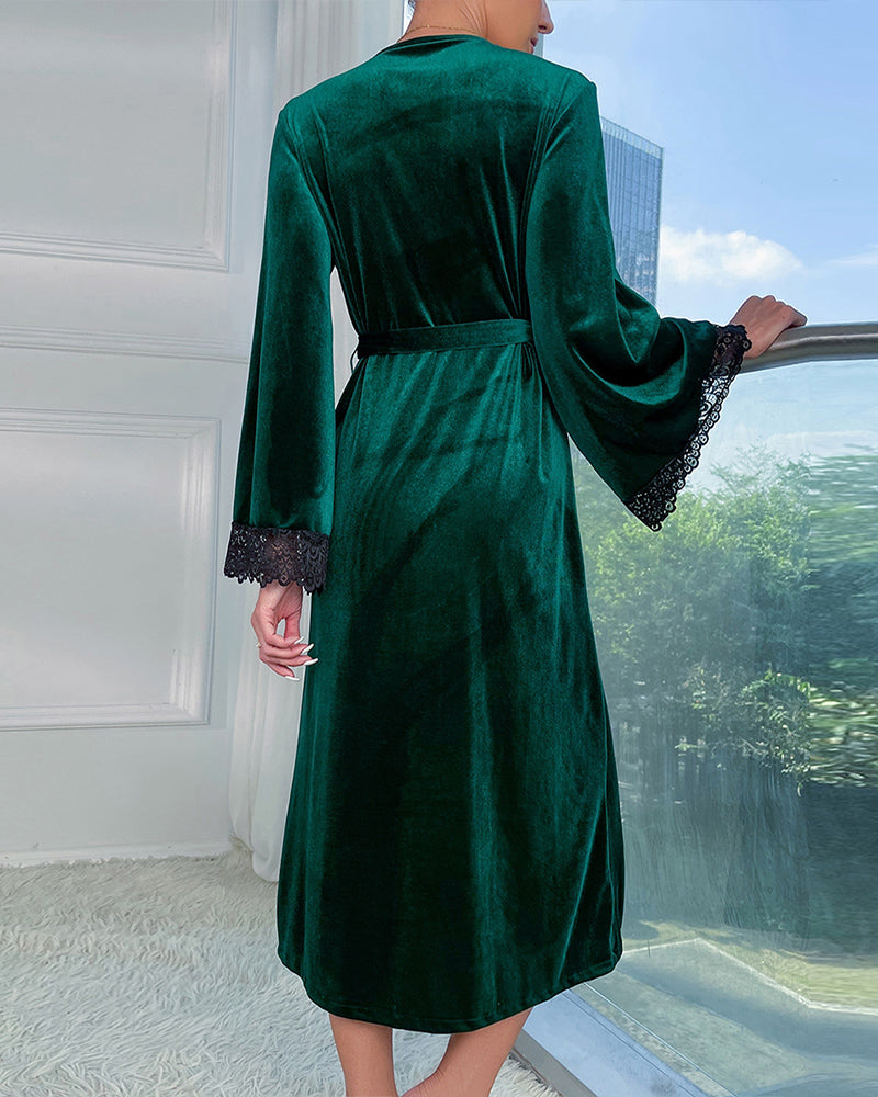 Green velvet mid-robe with lace-trim cuffs, tie belt, open-back drape