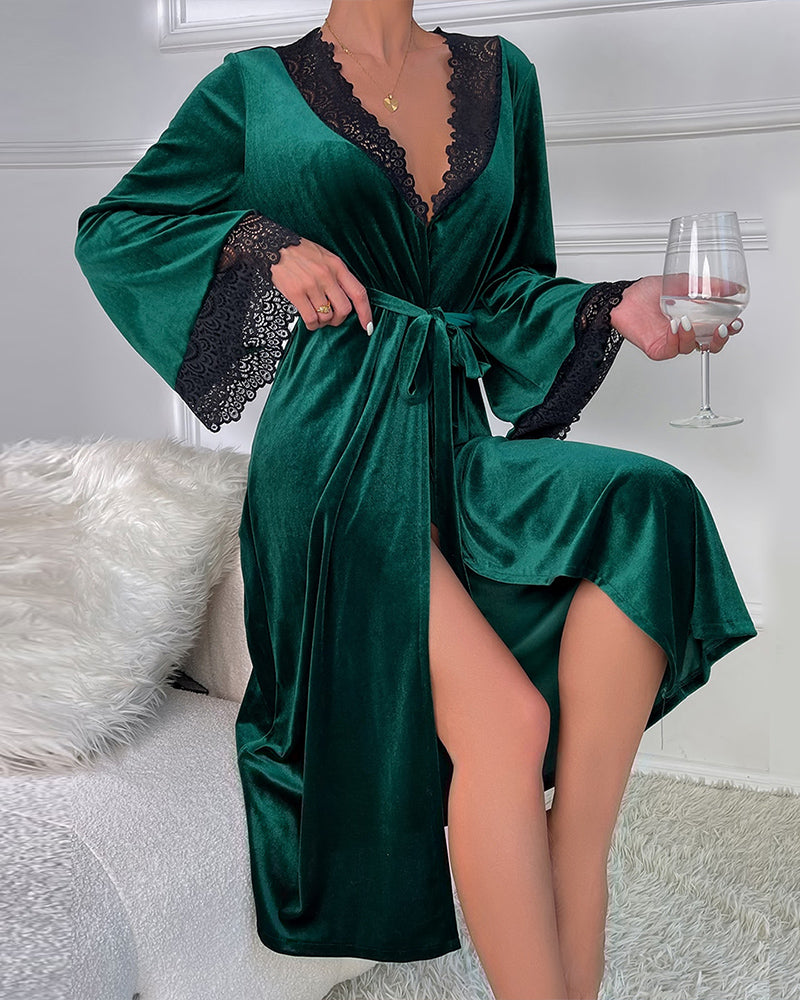 Green velvet belted mid-robe with black lace trim at neckline and cuffs